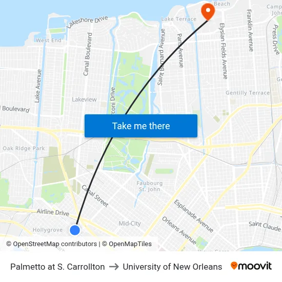 Palmetto at S. Carrollton to University of New Orleans map
