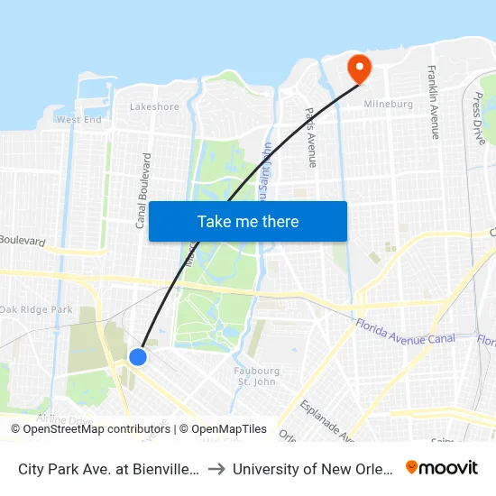 City Park Ave. at Bienville St. to University of New Orleans map