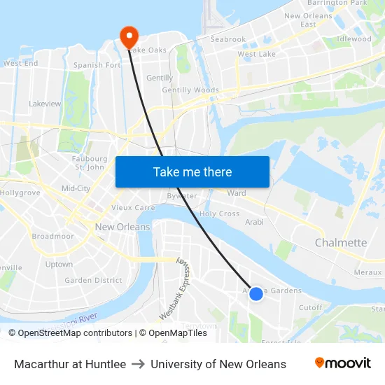Macarthur at Huntlee to University of New Orleans map