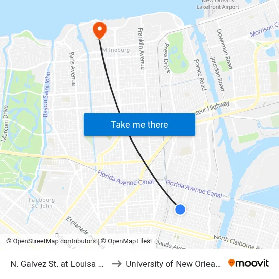 N. Galvez St. at Louisa St. to University of New Orleans map
