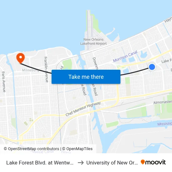 Lake Forest Blvd. at Wentworth Dr. to University of New Orleans map