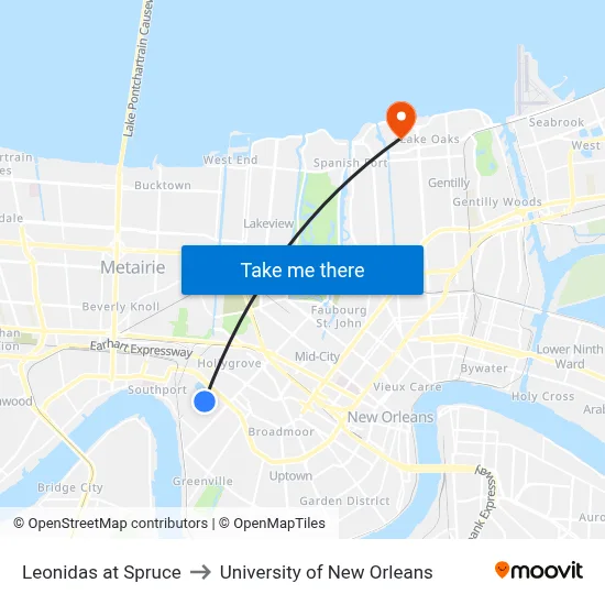Leonidas at Spruce to University of New Orleans map