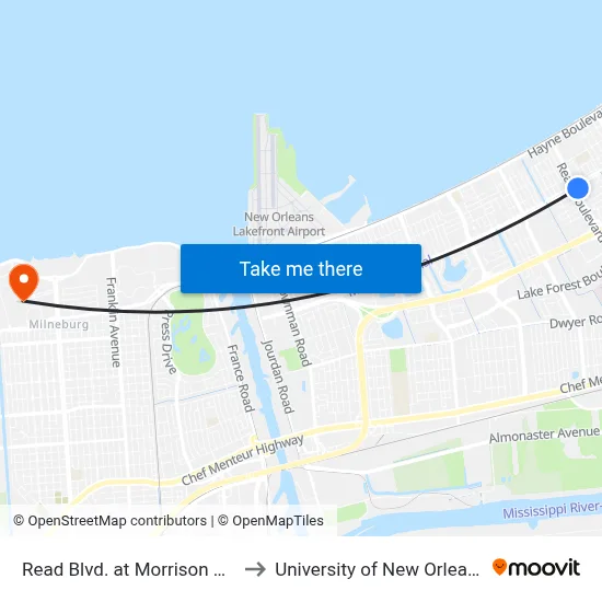 Read Blvd. at Morrison Rd. to University of New Orleans map
