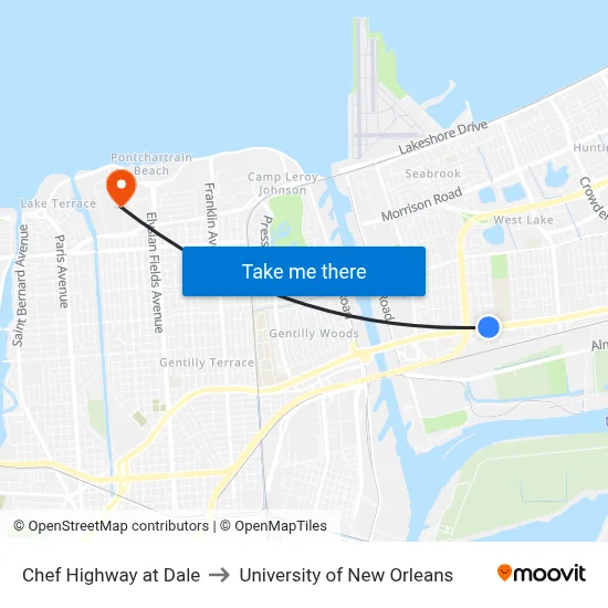 Chef Highway at Dale to University of New Orleans map