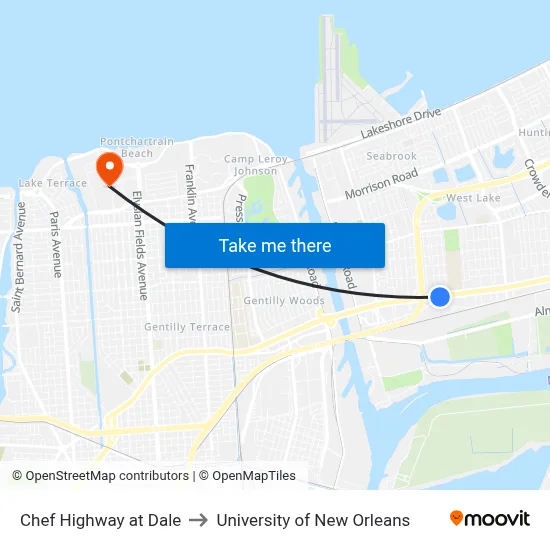 Chef Highway at Dale to University of New Orleans map