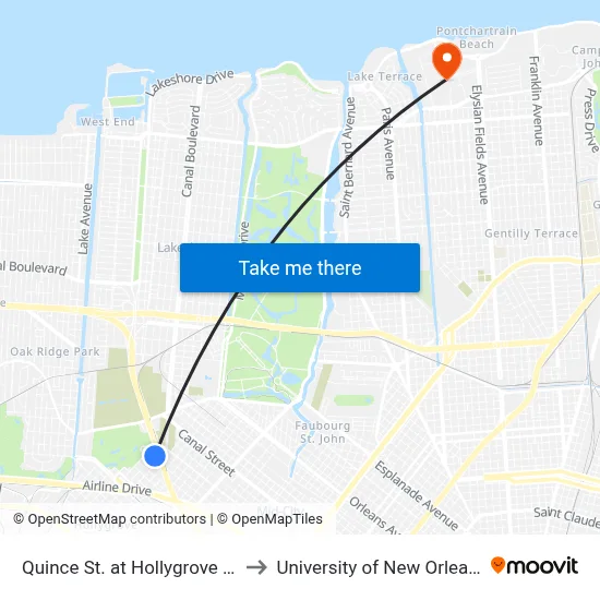 Quince St. at Hollygrove St. to University of New Orleans map