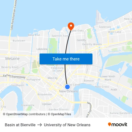 Basin at Bienville to University of New Orleans map