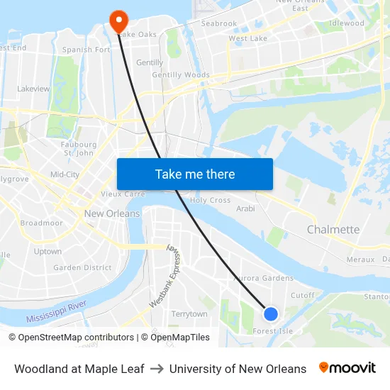 Woodland at Maple Leaf to University of New Orleans map