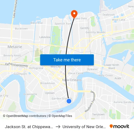 Jackson St. at Chippewa St. to University of New Orleans map