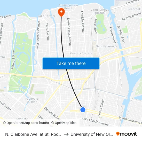N. Claiborne Ave. at St. Roch Ave. to University of New Orleans map