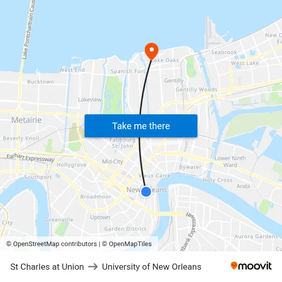 St Charles at Union to University of New Orleans map
