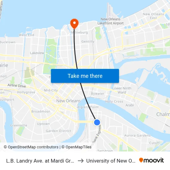L.B. Landry Ave. at Mardi Gras Blvd. to University of New Orleans map