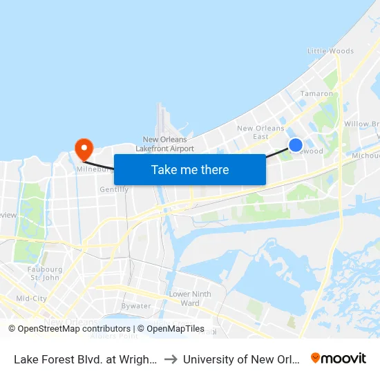 Lake Forest Blvd. at Wright Rd. to University of New Orleans map