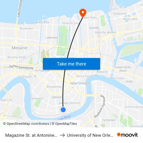 Magazine St. at Antonine St. to University of New Orleans map