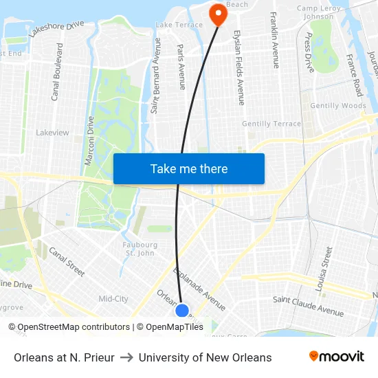 Orleans at N. Prieur to University of New Orleans map