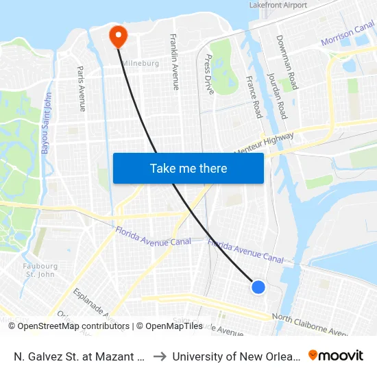 N. Galvez St. at Mazant St. to University of New Orleans map