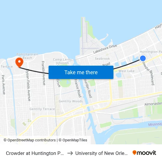 Crowder at Huntington Park to University of New Orleans map