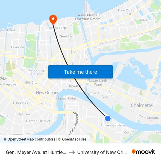 Gen. Meyer Ave. at Huntlee Dr. to University of New Orleans map