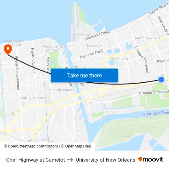 Chef Highway at Camelot to University of New Orleans map