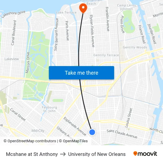 Mcshane at St Anthony to University of New Orleans map