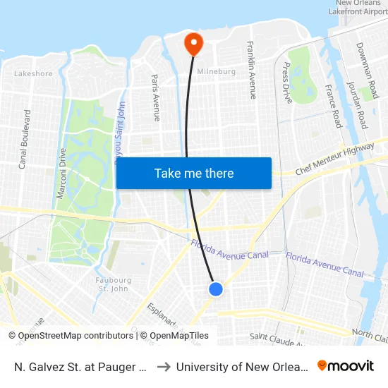 N. Galvez St. at Pauger St. to University of New Orleans map