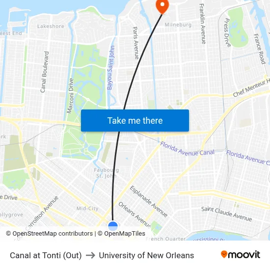 Canal at Tonti (Out) to University of New Orleans map