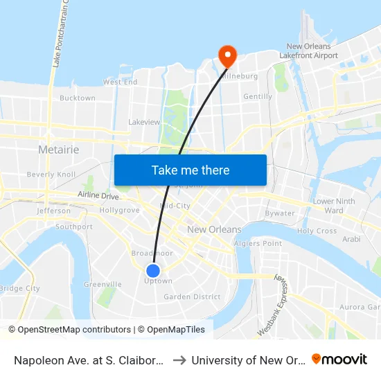 Napoleon Ave. at S. Claiborne Ave. to University of New Orleans map
