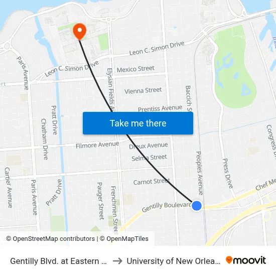Gentilly Blvd. at Eastern St. to University of New Orleans map
