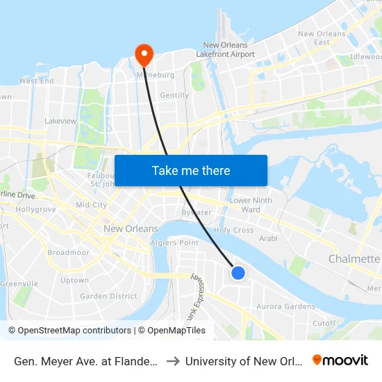 Gen. Meyer Ave. at Flanders St. to University of New Orleans map