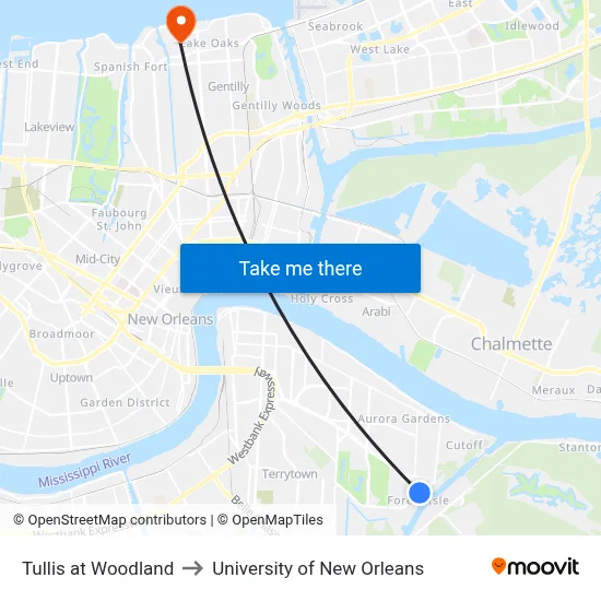 Tullis at Woodland to University of New Orleans map