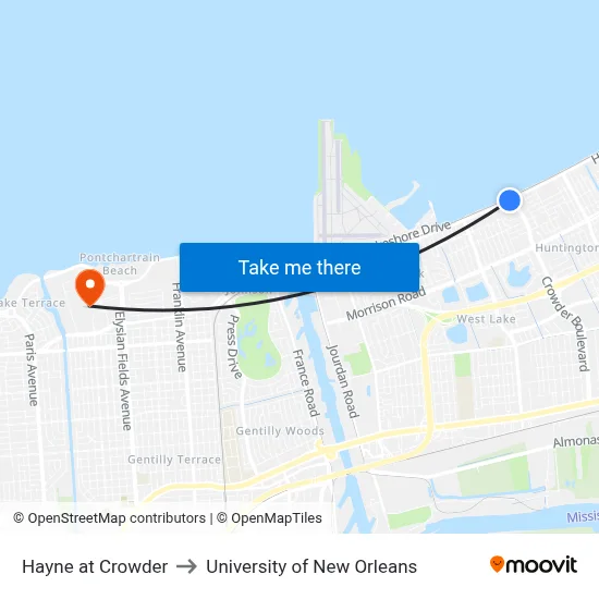 Hayne at Crowder to University of New Orleans map