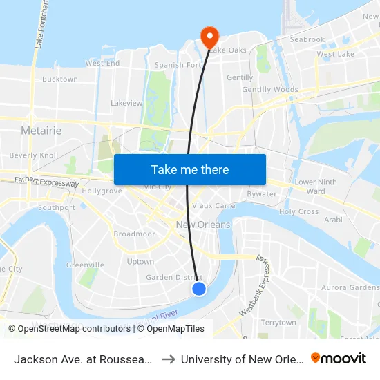 Jackson Ave. at Rousseau St. to University of New Orleans map