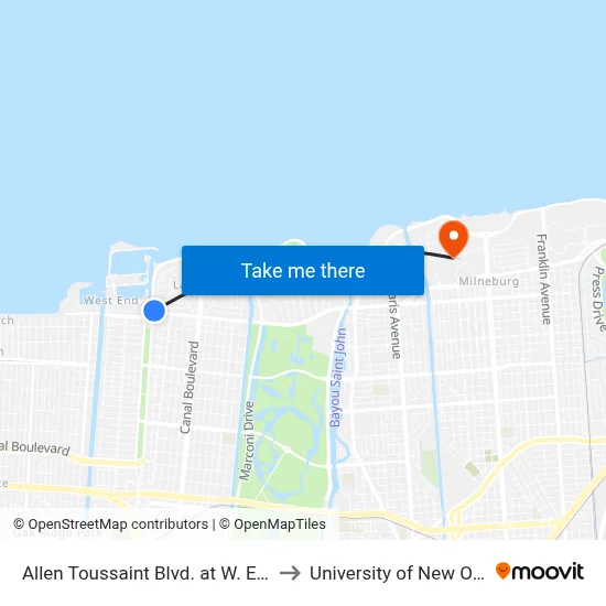 Allen Toussaint Blvd. at W. End Blvd. to University of New Orleans map