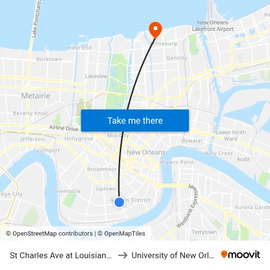 St Charles Ave at Louisiana Ave to University of New Orleans map