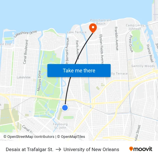 Desaix at Trafalgar St. to University of New Orleans map