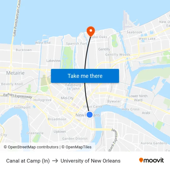 Canal at Camp (In) to University of New Orleans map