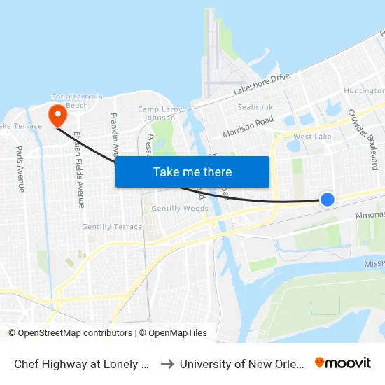 Chef Highway at Lonely Oak to University of New Orleans map