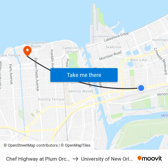 Chef Highway at Plum Orchard to University of New Orleans map