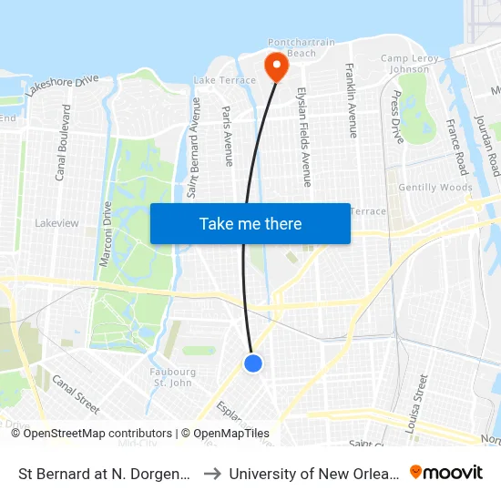 St Bernard at N. Dorgenois to University of New Orleans map