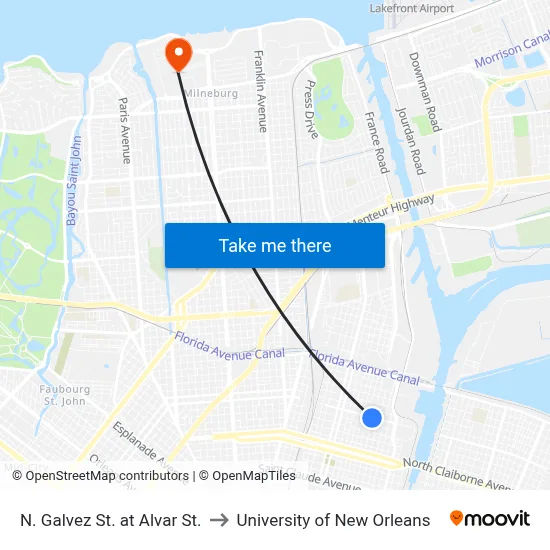 N. Galvez St. at Alvar St. to University of New Orleans map