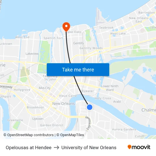 Opelousas at Hendee to University of New Orleans map