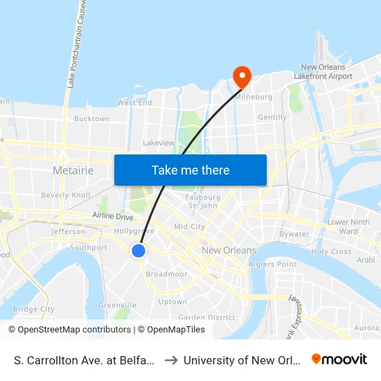 S. Carrollton Ave. at Belfast St. to University of New Orleans map