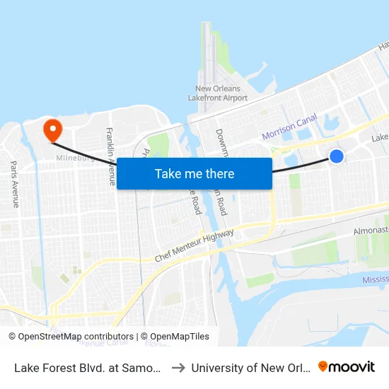 Lake Forest Blvd. at Samovar Dr. to University of New Orleans map