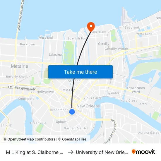 M L King at S. Claiborne Ave. to University of New Orleans map