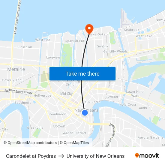 Carondelet at Poydras to University of New Orleans map