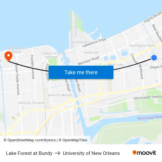 Lake Forest at Bundy to University of New Orleans map
