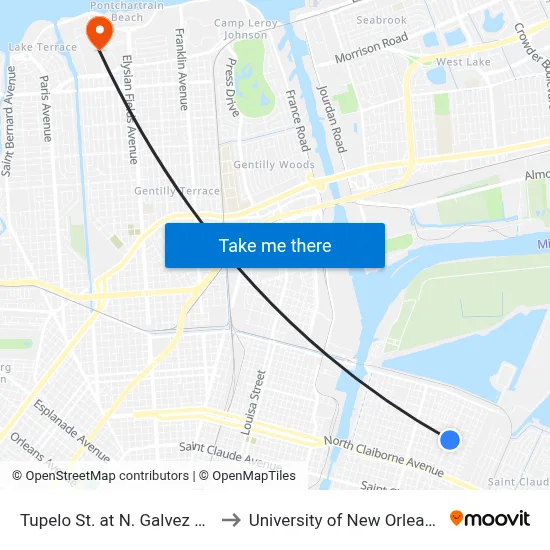 Tupelo St. at N. Galvez St. to University of New Orleans map