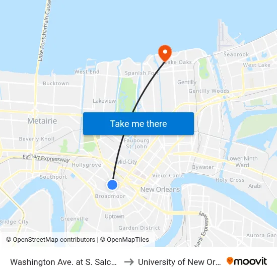 Washington Ave. at S. Salcedo St. to University of New Orleans map