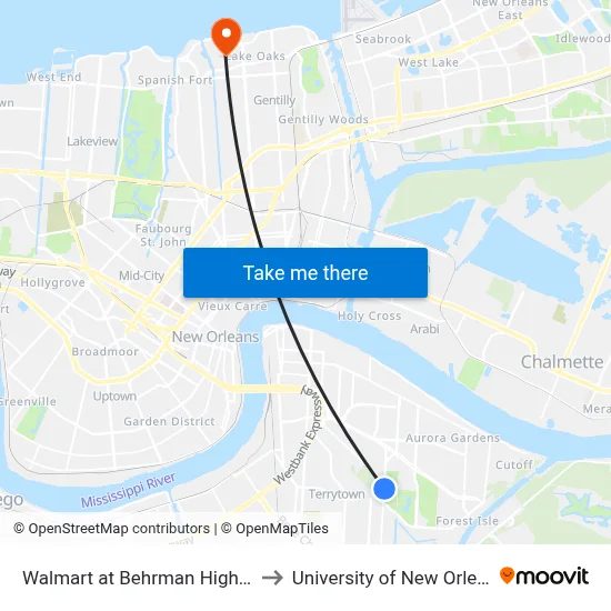 Walmart at Behrman Highway to University of New Orleans map