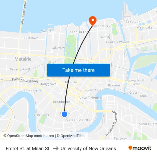Freret St. at Milan St. to University of New Orleans map